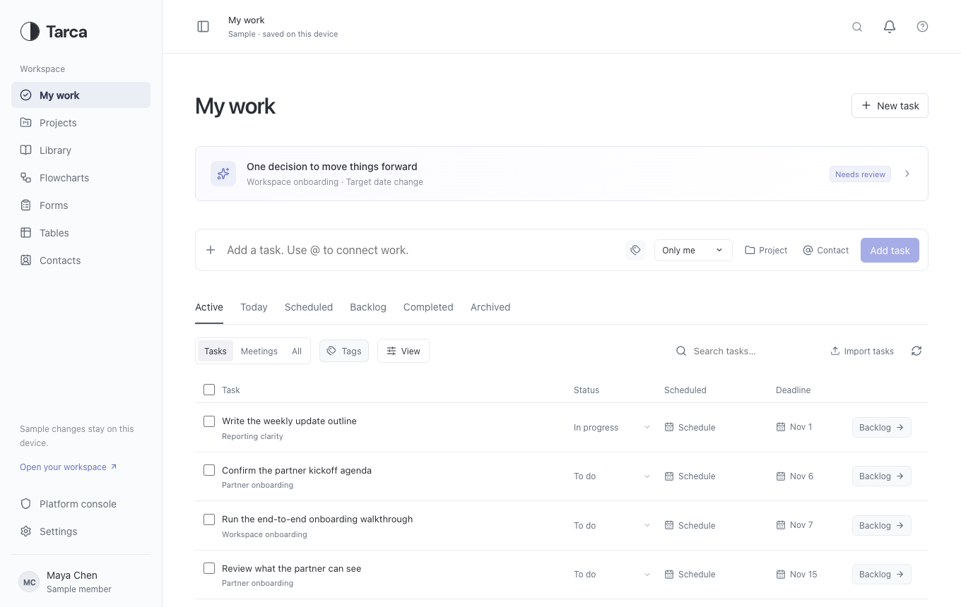Tarca workspace showing My work, tasks, dates, and project views with sample data